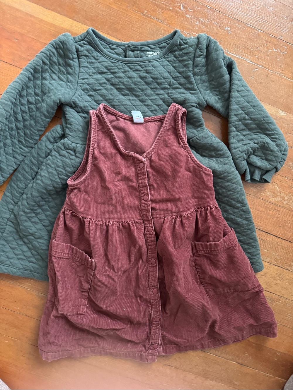 Carter's Olive Quilted Dress & Old Navy Mulberry Corduroy Pinafore Bundle